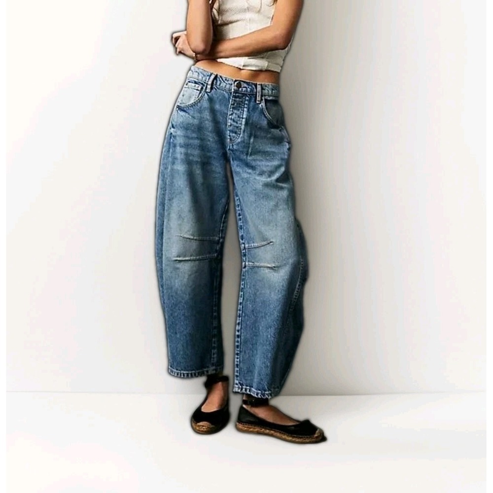 Free People We the Free Lucky You Mid Rise Barrel Jeans 31x26 (Short) Button Fly